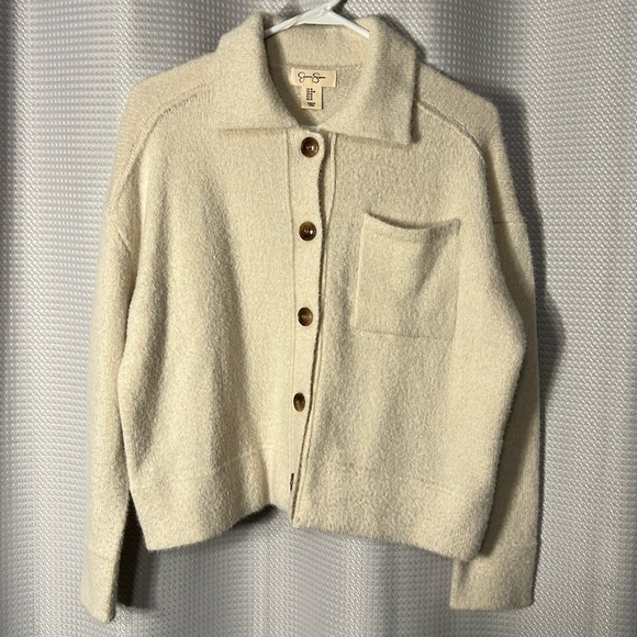 Jessica Simpson Button down cream sweater women’s size Medium w/ chest pocket - Picture 1 of 9